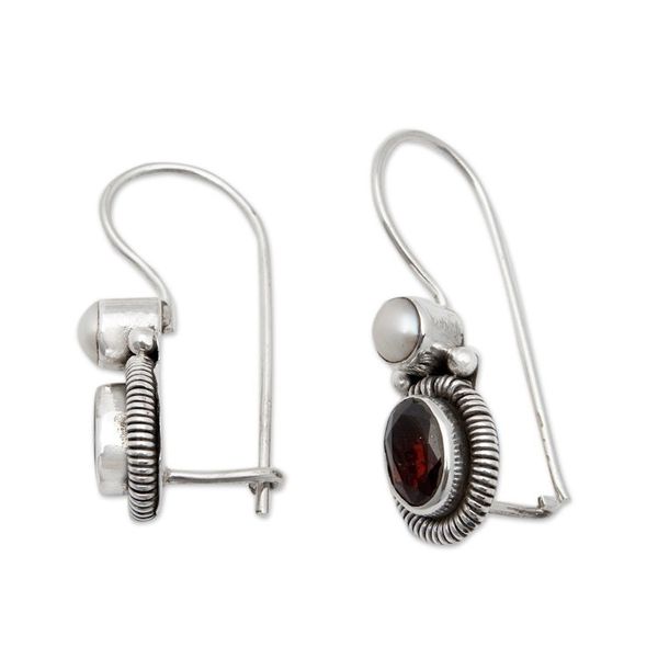 Alternate image for Sterling Silver Drop Earrings with Cultured Pearl and Garnet Perfect Duo