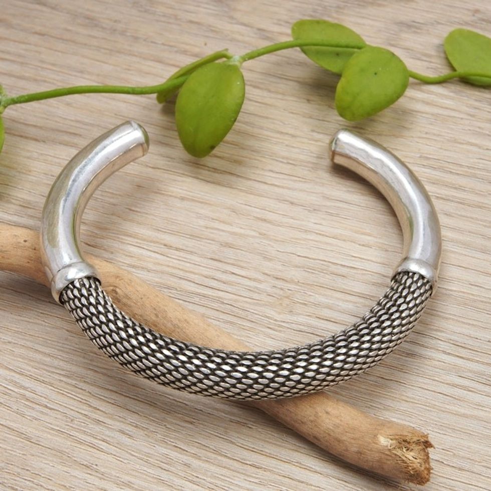 Scale-Patterned Sterling Silver Cuff Bracelet Made in Bali 'Snake Feel'
