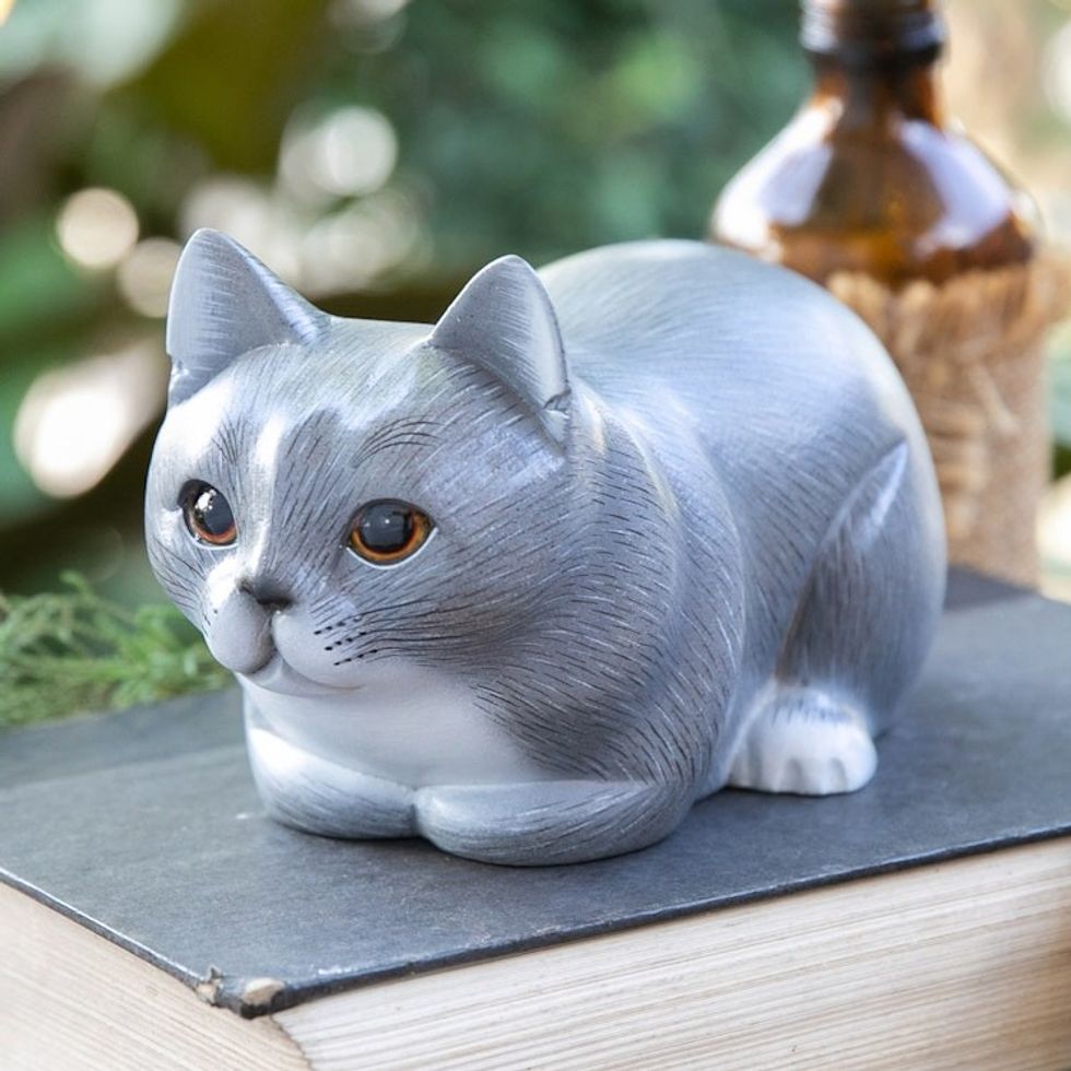 Hand-Painted Suar Wood Figurine of Grey Cat from Bali 'Grey Kitty'