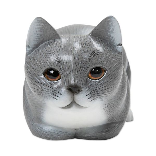 Alternate image for Hand-Painted Suar Wood Figurine of Grey Cat from Bali Grey Kitty