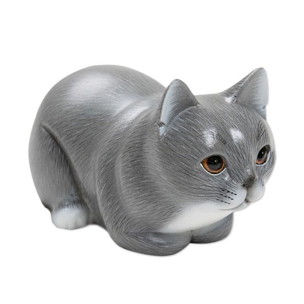 Alternate image for Hand-Painted Suar Wood Figurine of Grey Cat from Bali Grey Kitty