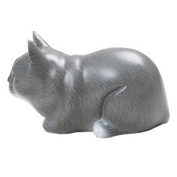 Alternate image for Hand-Painted Suar Wood Figurine of Grey Cat from Bali Grey Kitty