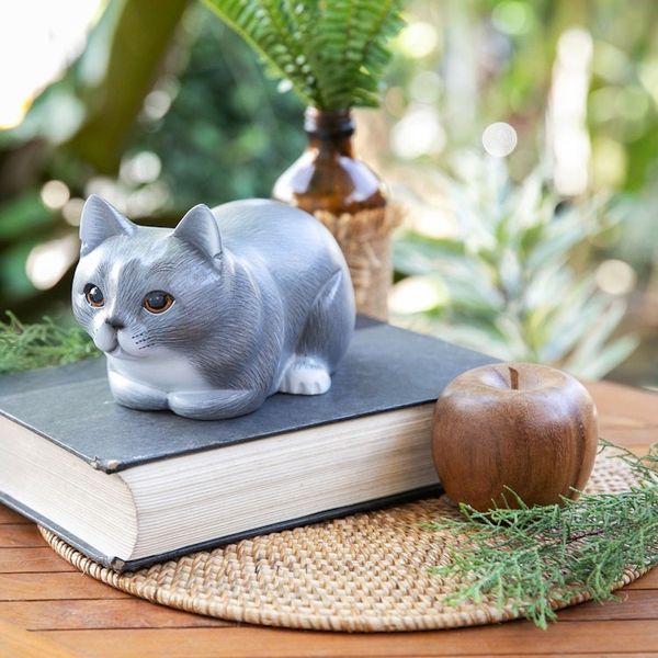 Alternate image for Hand-Painted Suar Wood Figurine of Grey Cat from Bali Grey Kitty