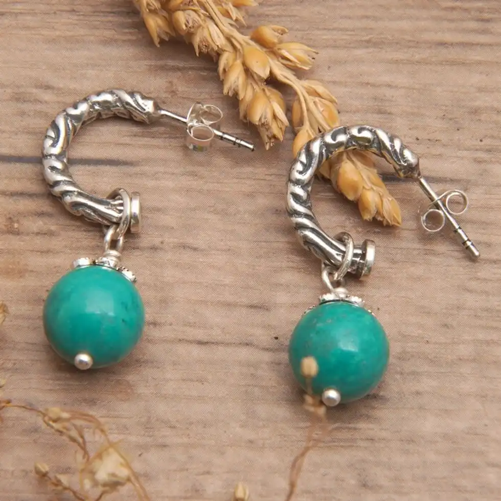 Classic Reconstituted Turquoise Half-Hoop Dangle Earrings 'Heal the World'