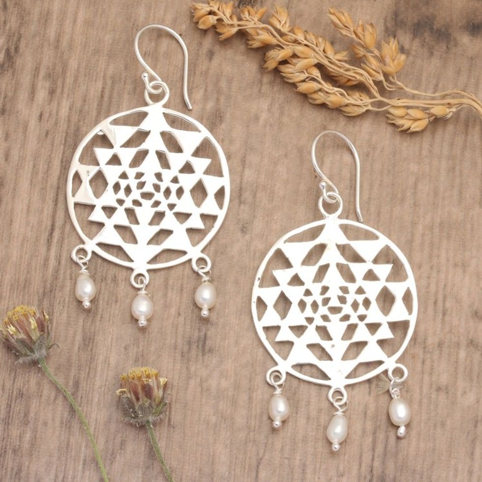 Round Geometric Cultured Pearl Dangle Earrings from Bali 'Pearly Hypnotism'