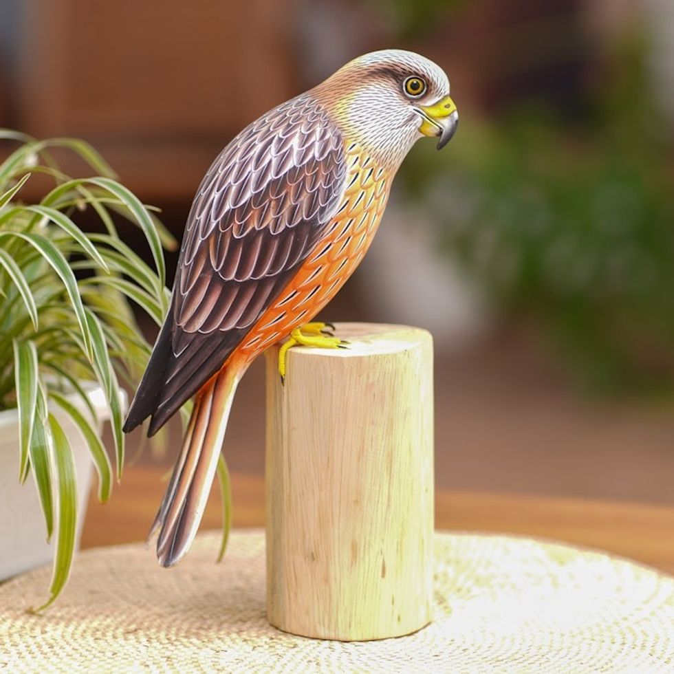 Handcrafted Suar Wood Eagle Sculpture with Albesia Wood Base 'Eagle Sunrise'