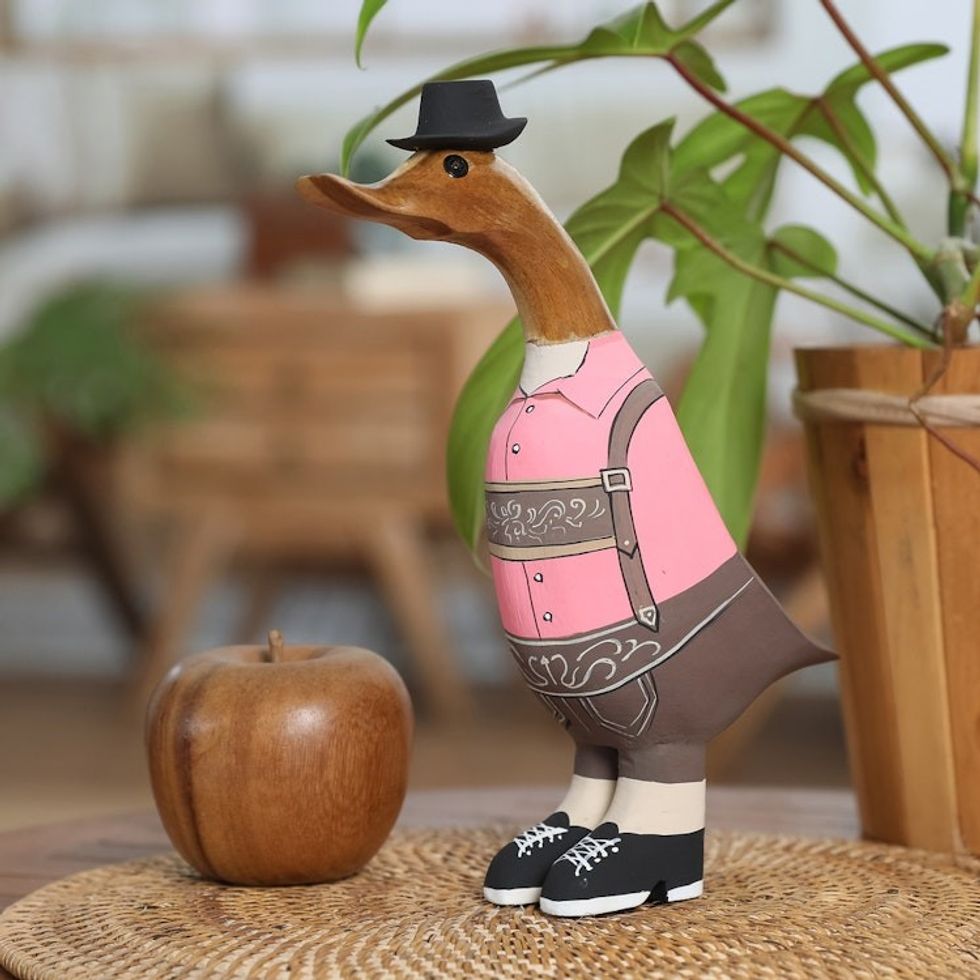 Handcrafted Bamboo Root and Teak Wood Bavarian Duck Figurine 'Mister Duck in October'