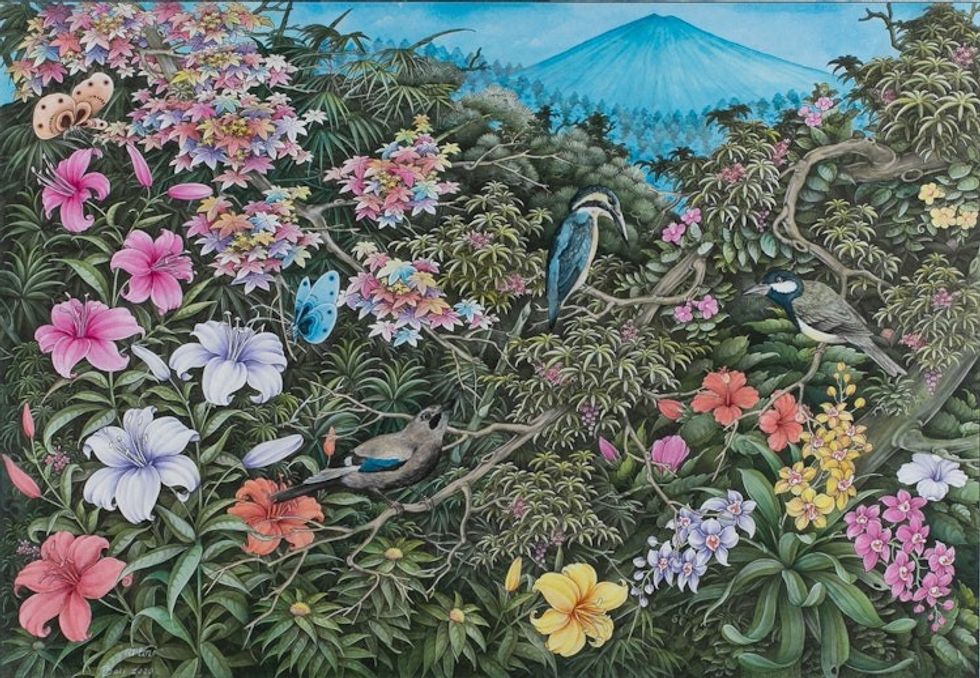 Bird Butterfly-Themed Acrylic on Paper Landscape Painting 'Singing Birds'