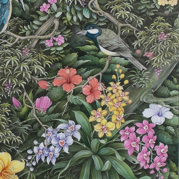 Alternate image for Bird Butterfly-Themed Acrylic on Paper Landscape Painting Singing Birds