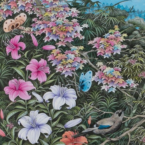 Alternate image for Bird Butterfly-Themed Acrylic on Paper Landscape Painting Singing Birds