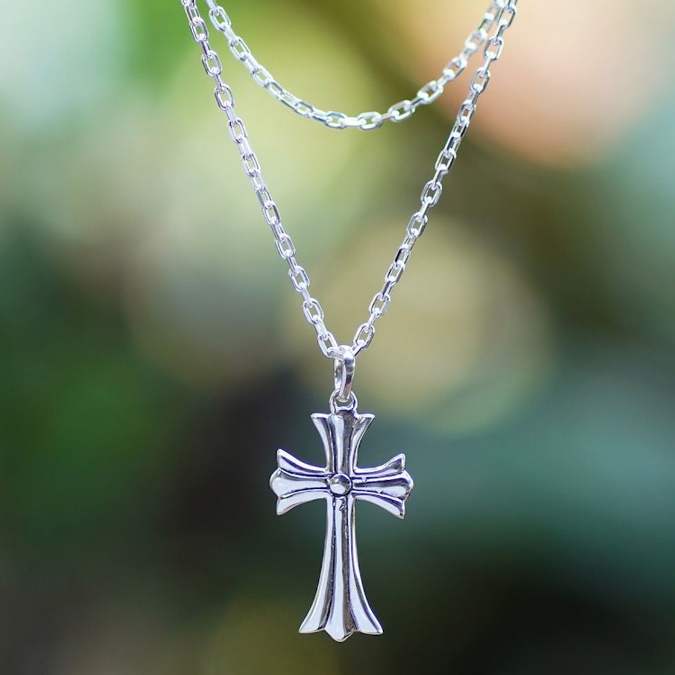 Polished Sterling Silver Cross Pendant Necklace from Bali 'Cross of Vitality'
