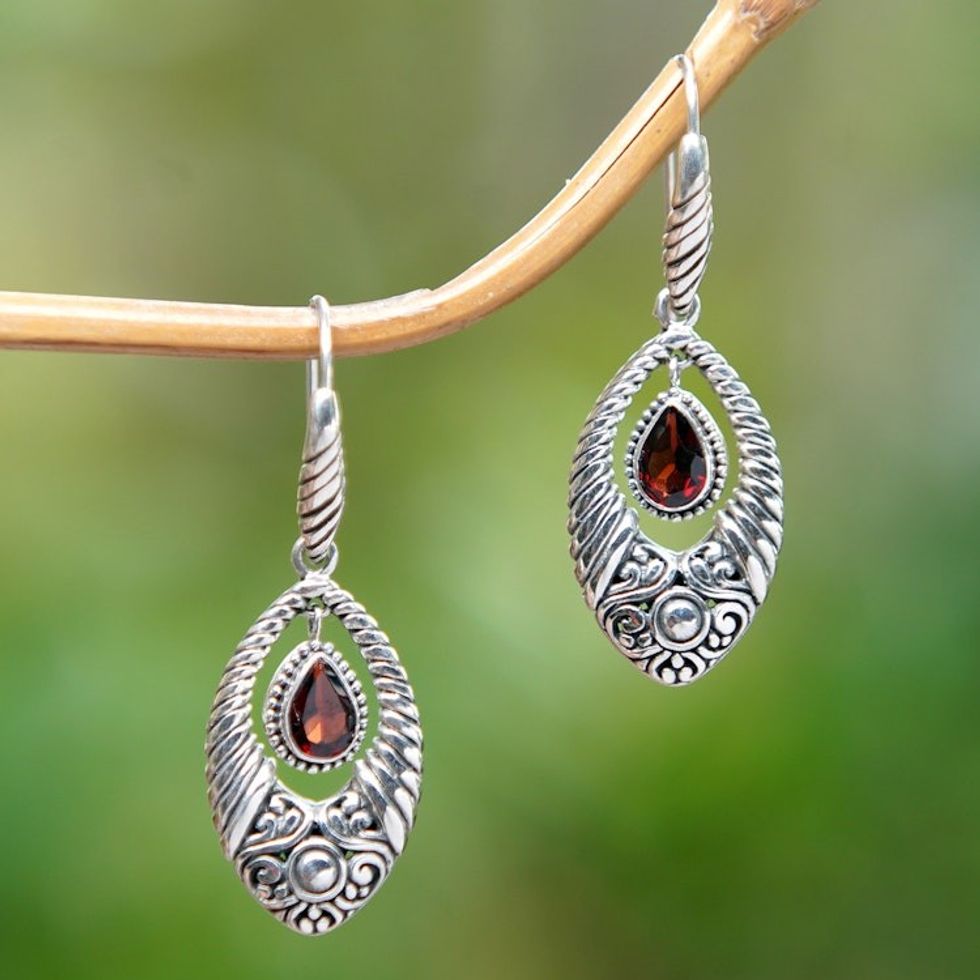 Classic Polished One-Carat Natural Garnet Dangle Earrings 'Sacred Romance'