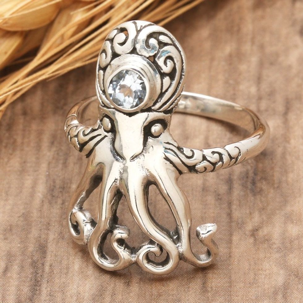 Classic Octopus-Shaped Blue Topaz Cocktail Ring from Bali 'The Loyal Sea Sage'