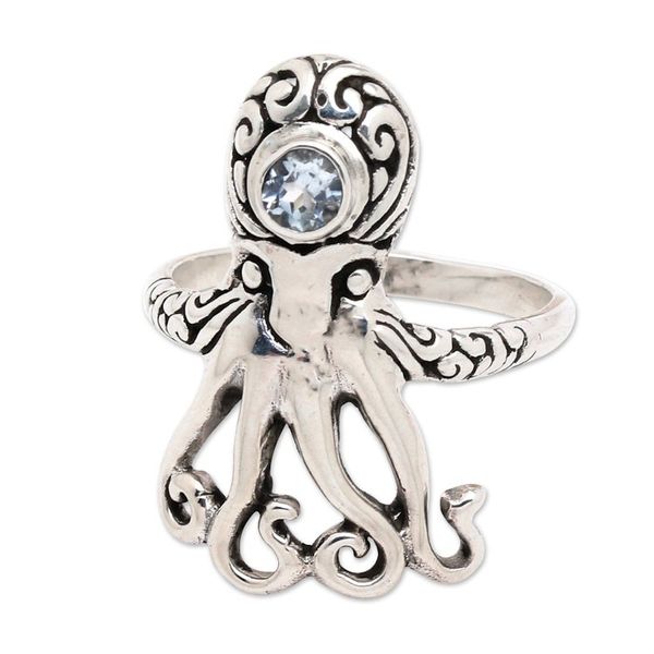 Alternate image for Classic Octopus-Shaped Blue Topaz Cocktail Ring from Bali The Loyal Sea Sage