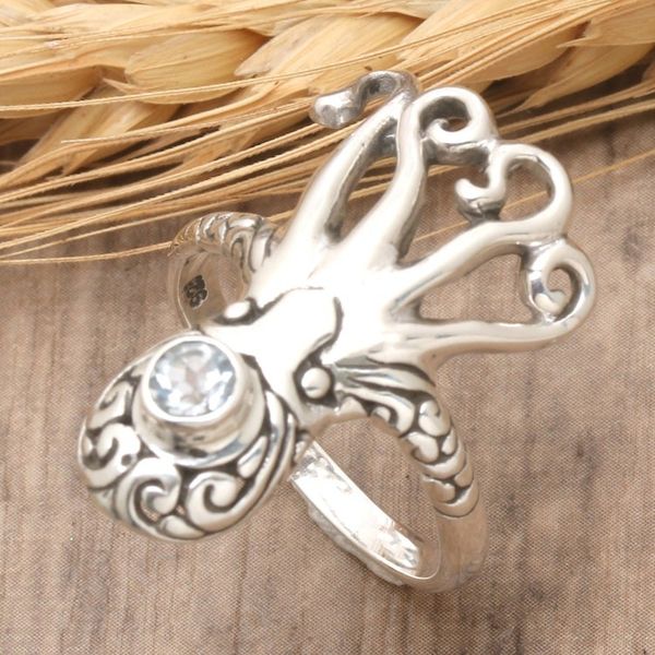 Alternate image for Classic Octopus-Shaped Blue Topaz Cocktail Ring from Bali The Loyal Sea Sage
