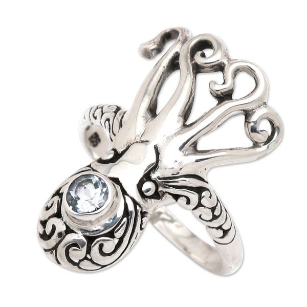 Alternate image for Classic Octopus-Shaped Blue Topaz Cocktail Ring from Bali The Loyal Sea Sage