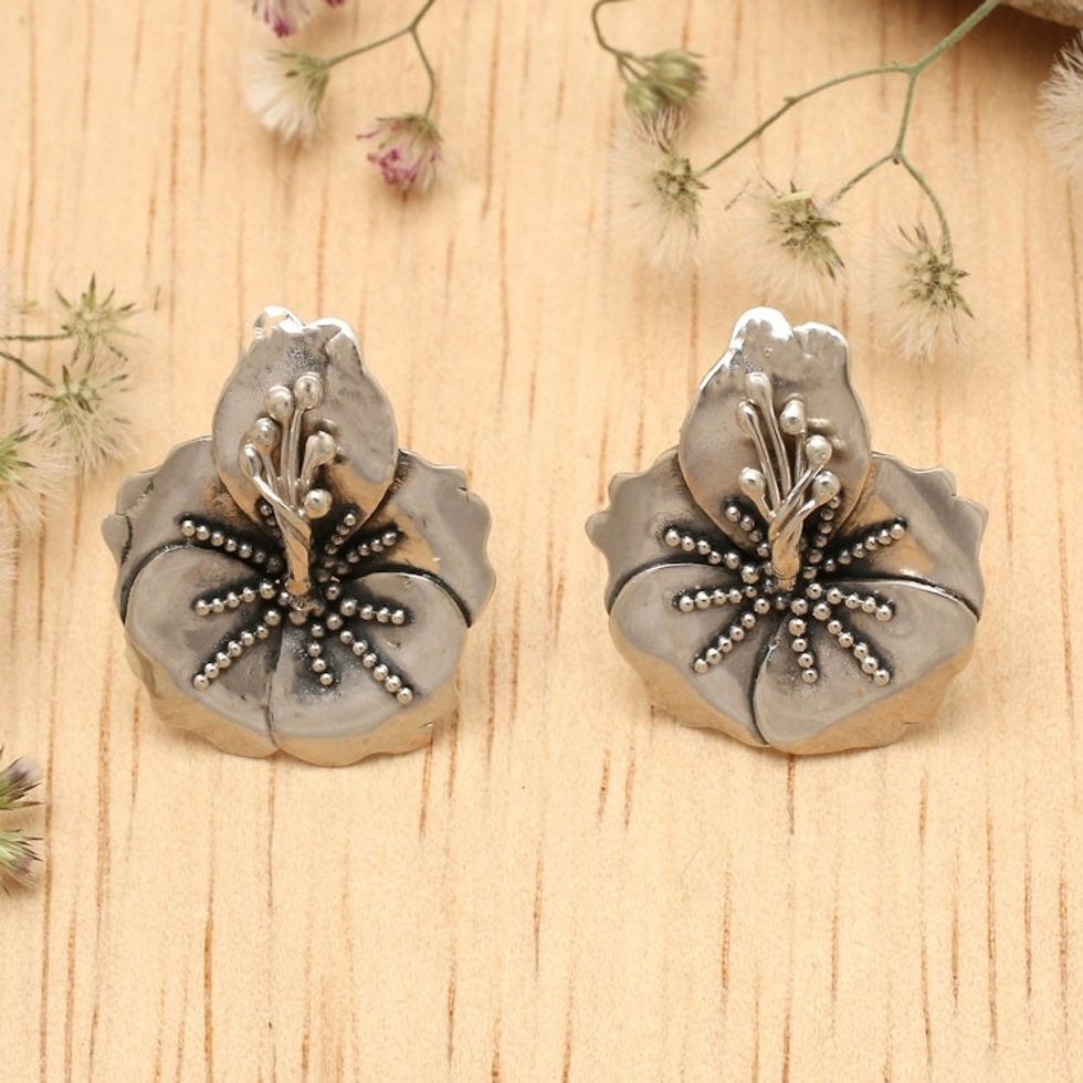 Nature-Themed Sterling Silver Hibiscus Bloom Button Earrings 'Eternal Hibiscus'