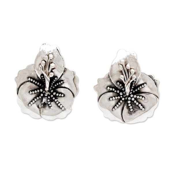 Alternate image for Nature-Themed Sterling Silver Hibiscus Bloom Button Earrings Eternal Hibiscus