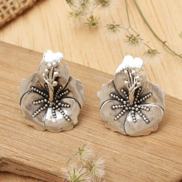 Alternate image for Nature-Themed Sterling Silver Hibiscus Bloom Button Earrings Eternal Hibiscus
