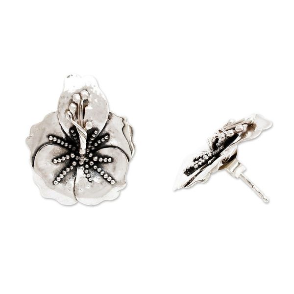Alternate image for Nature-Themed Sterling Silver Hibiscus Bloom Button Earrings Eternal Hibiscus