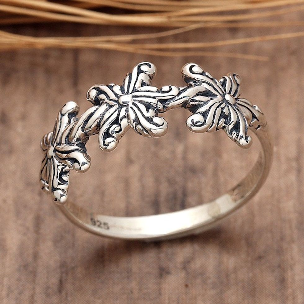 Star-Inspired Floral Sterling Silver Band Ring from Bali 'Starry Blooms'