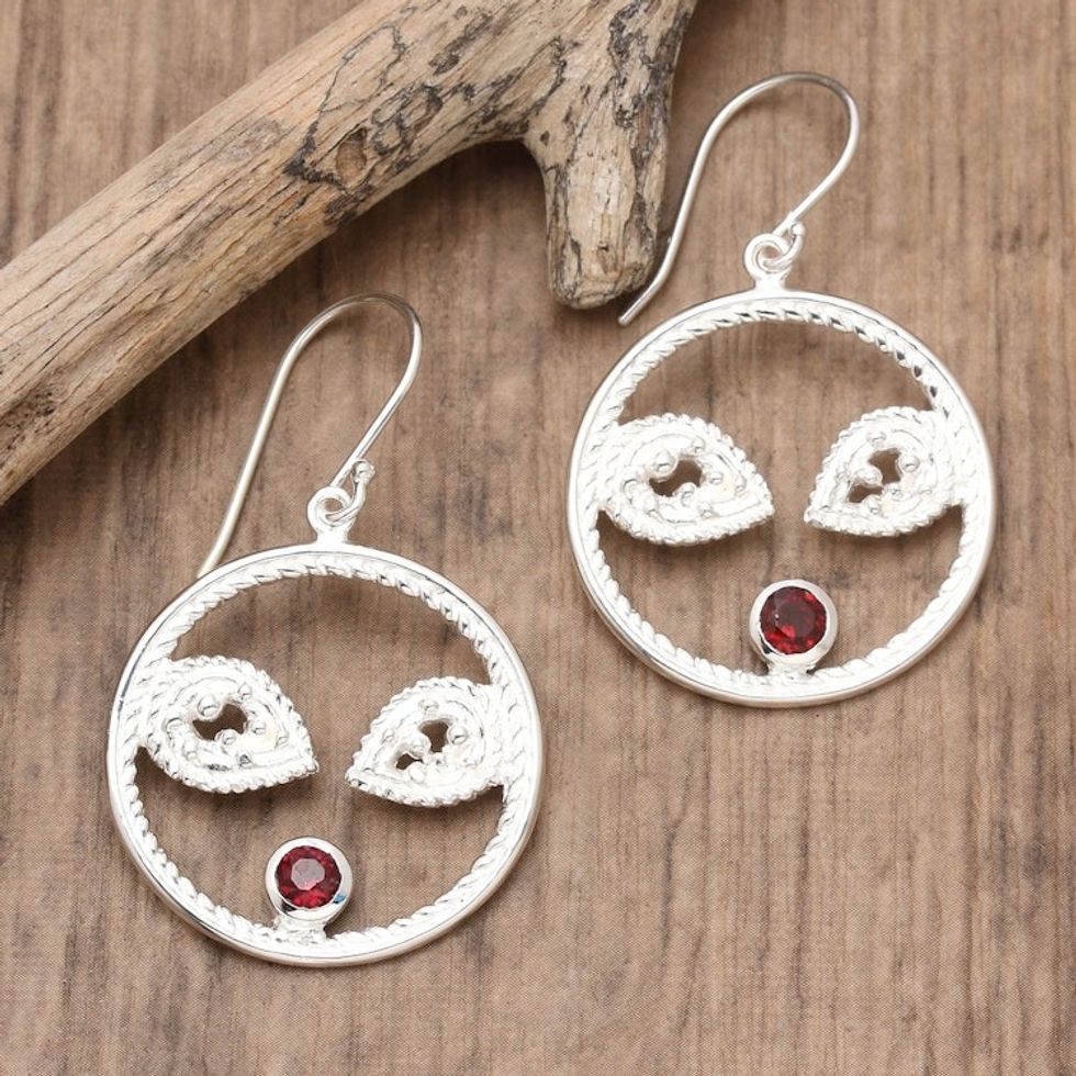 Sterling Silver and Garnet Dangle Earrings with Matte Finish 'Majestic Flair'