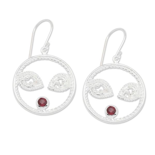 Alternate image for Sterling Silver and Garnet Dangle Earrings with Matte Finish Majestic Flair