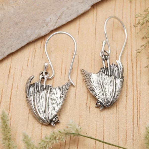 Alternate image for Gothic-Inspired Bat-Shaped Sterling Silver Dangle Earrings Nocturnal Spirit