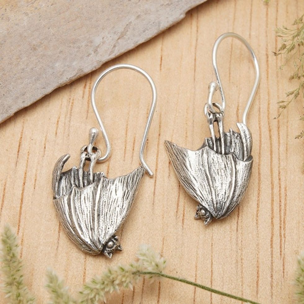 Gothic-Inspired Bat-Shaped Sterling Silver Dangle Earrings 'Nocturnal Spirit'