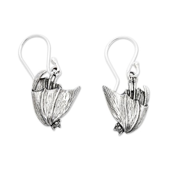 Alternate image for Gothic-Inspired Bat-Shaped Sterling Silver Dangle Earrings Nocturnal Spirit
