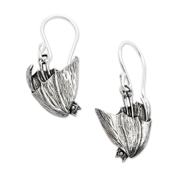 Alternate image for Gothic-Inspired Bat-Shaped Sterling Silver Dangle Earrings Nocturnal Spirit