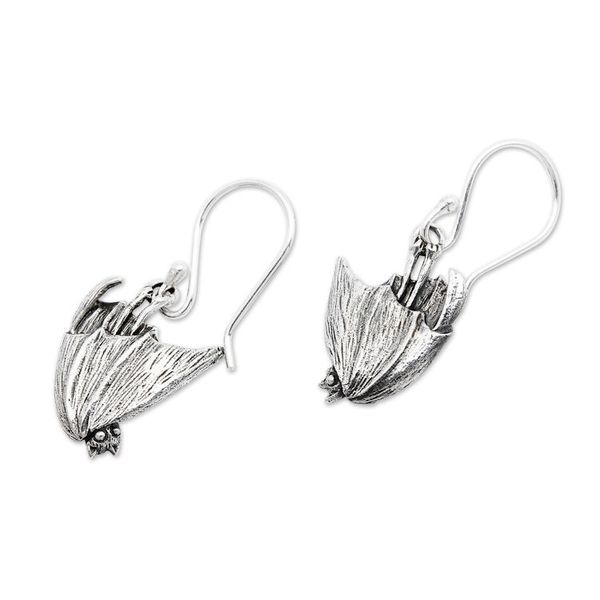 Alternate image for Gothic-Inspired Bat-Shaped Sterling Silver Dangle Earrings Nocturnal Spirit