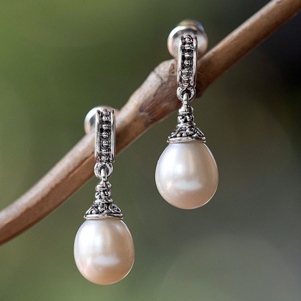 Fair Trade Handmade Cultured Pearl Dangle Earrings from Bali 'Island Dewdrop'
