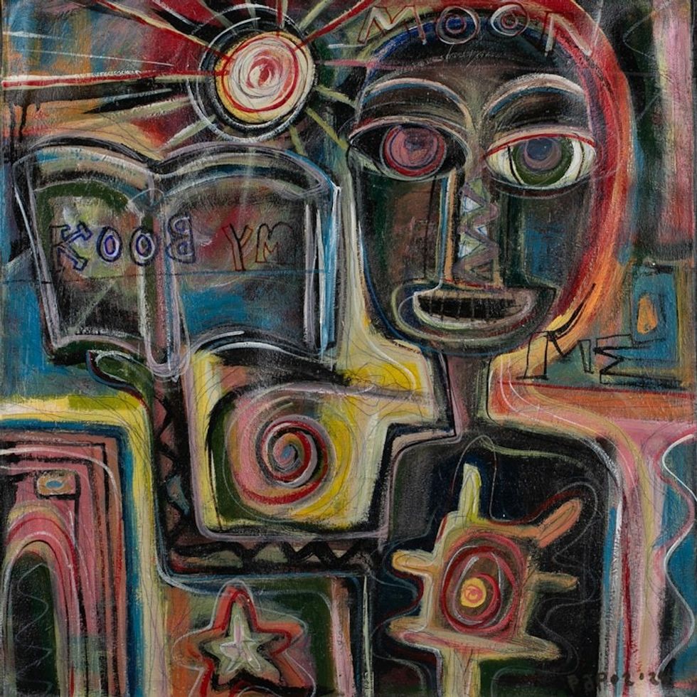 Balinese-Made Signed Expressionist Mixed Media Painting 'Me, My Book and Moonlight'