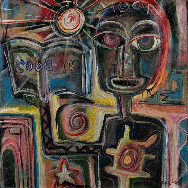 Alternate image for Balinese-Made Signed Expressionist Mixed Media Painting Me, My Book and Moonlight