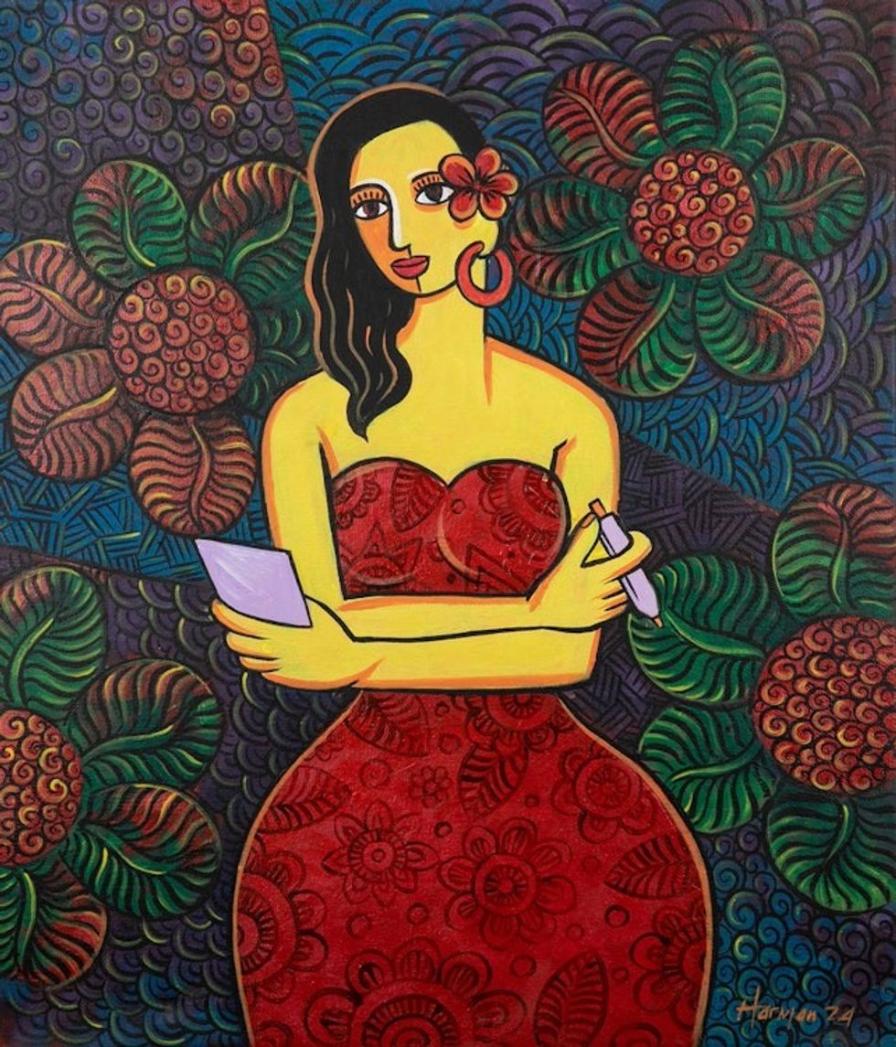 Signed Expressionist Floral Acrylic Woman Portrait Painting 'Writing of My Life'