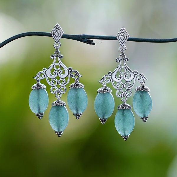 Alternate image for Classic Checkerboard Chalcedony Stone Chandelier Earrings Harmonious Party