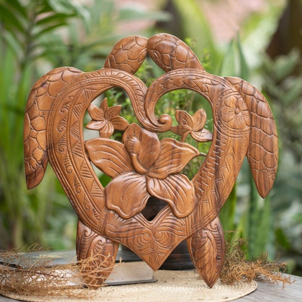 Tropical Romantic Heart-Shaped Suar Wood Turtle Relief Panel 'One Turtle Heart'