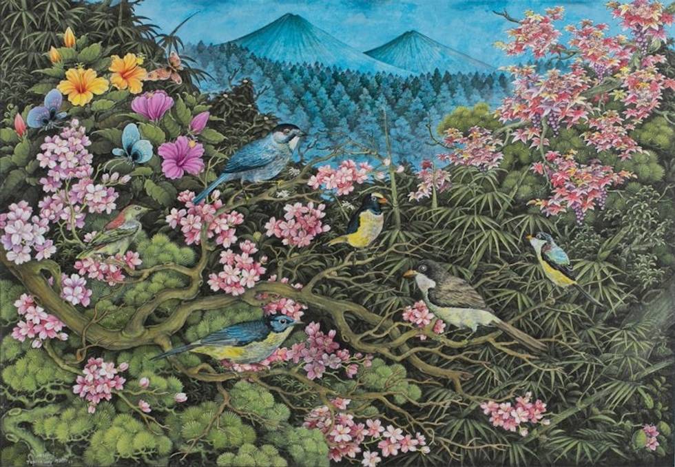 Realist Acrylic on Paper Landscape Painting from Indonesia 'Batur of the Jungle'