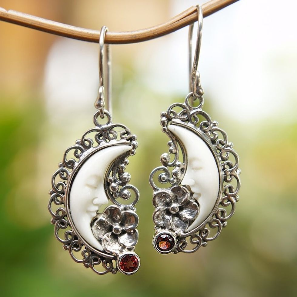 Silver Garnet Dangle Earrings with Hand-Carved Moon Motif 'Dreaming Moon'