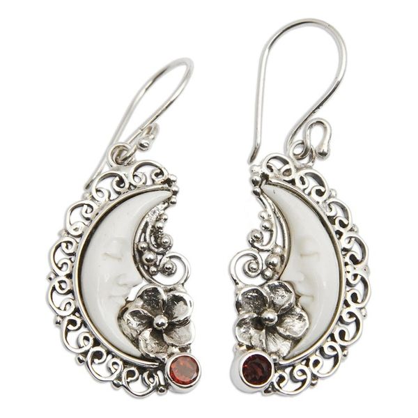 Alternate image for Silver Garnet Dangle Earrings with Hand-Carved Moon Motif Dreaming Moon