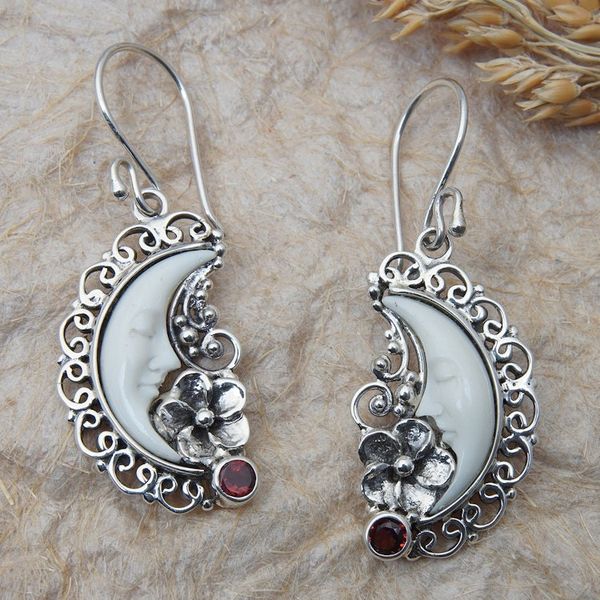 Alternate image for Silver Garnet Dangle Earrings with Hand-Carved Moon Motif Dreaming Moon