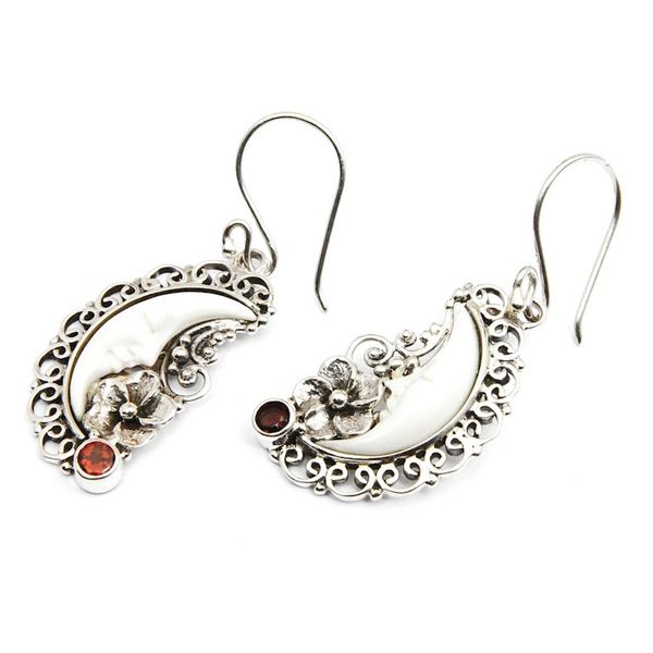 Alternate image for Silver Garnet Dangle Earrings with Hand-Carved Moon Motif Dreaming Moon