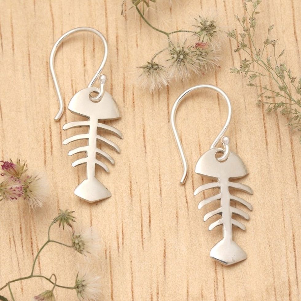 Marine-Themed Sterling Silver Fish Skeleton Dangle Earrings 'Luck of the Sea'