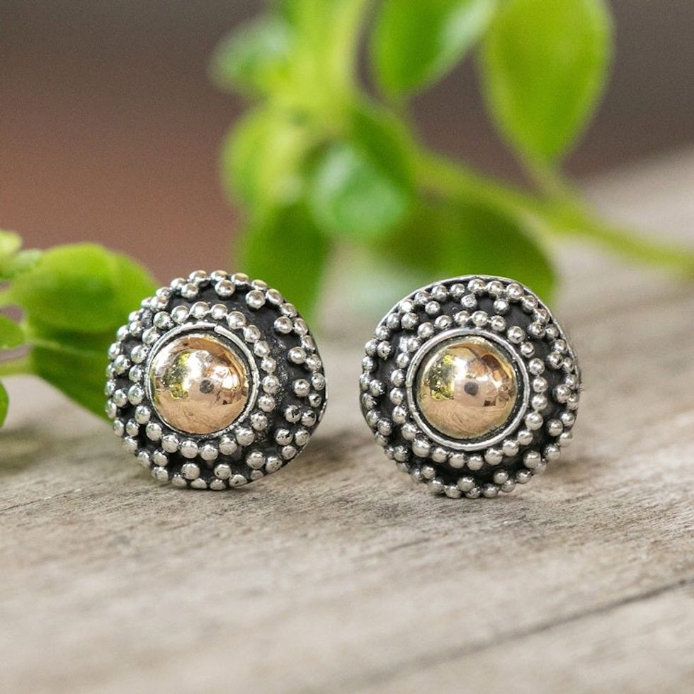18k Gold-Accented Dot-Themed Oxidized Silver Stud Earrings 'Dot Fantasy'