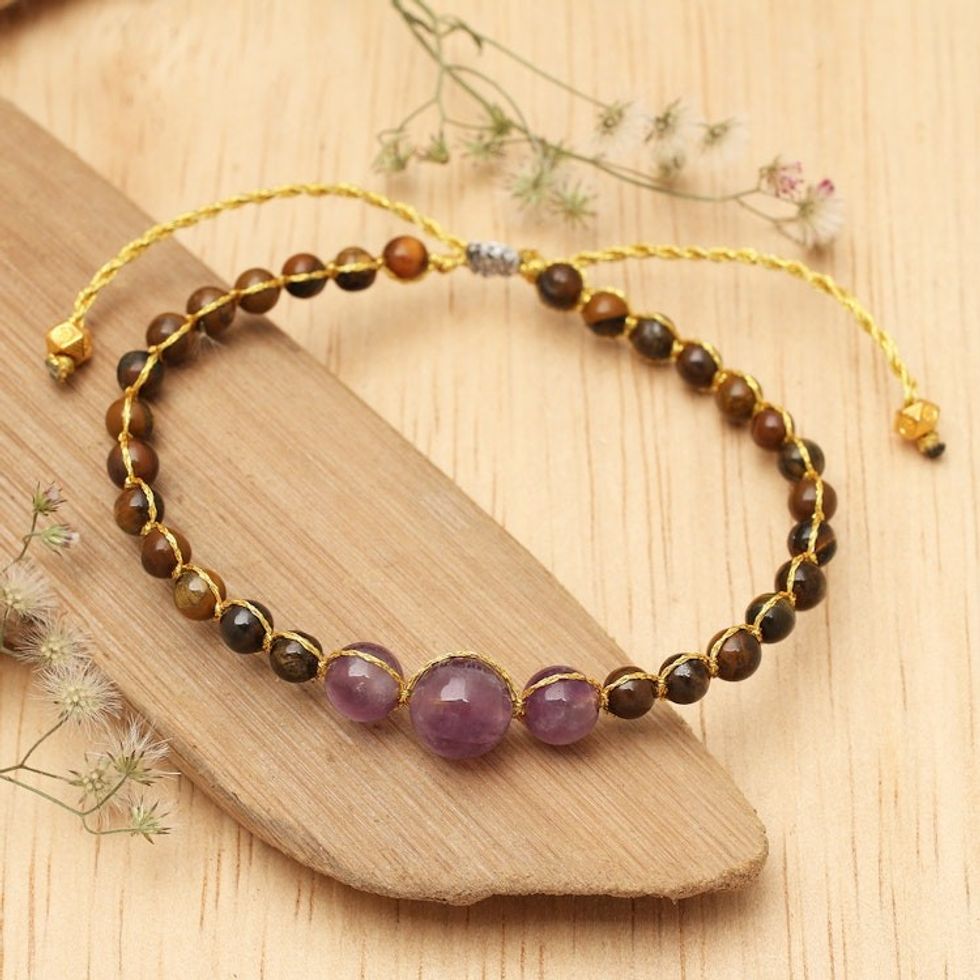 Tiger's Eye and Amethyst Beaded Bracelet Handmade in Bali 'Wise Vitality'