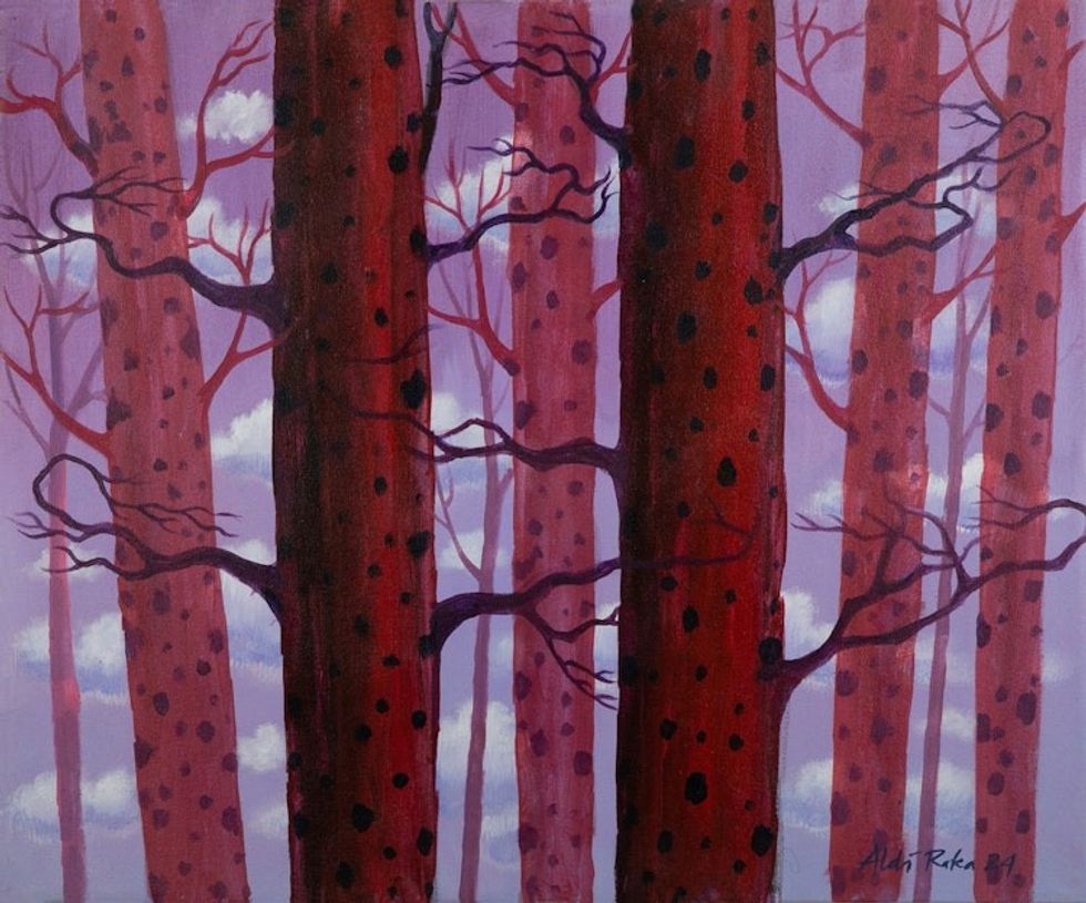 Acrylic Painting of Autumn Trees in Purple Pink and Black 'Forest of Life'