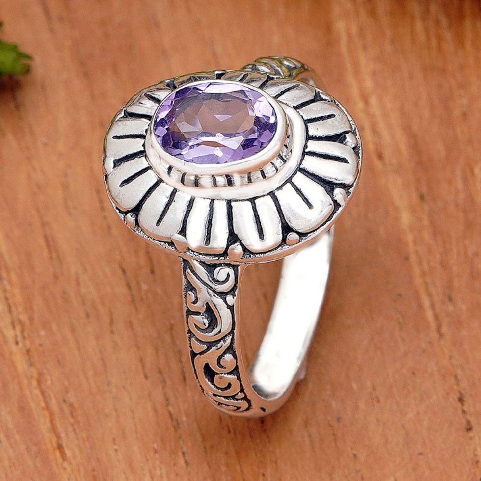 Amethyst Sterling Silver Floral Cocktail Ring from Bali 'Purple Flower'