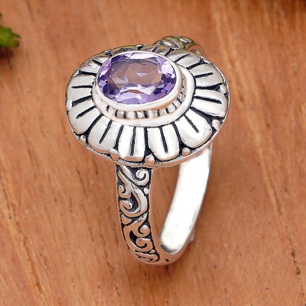 Alternate image for Amethyst Sterling Silver Floral Cocktail Ring from Bali Purple Flower