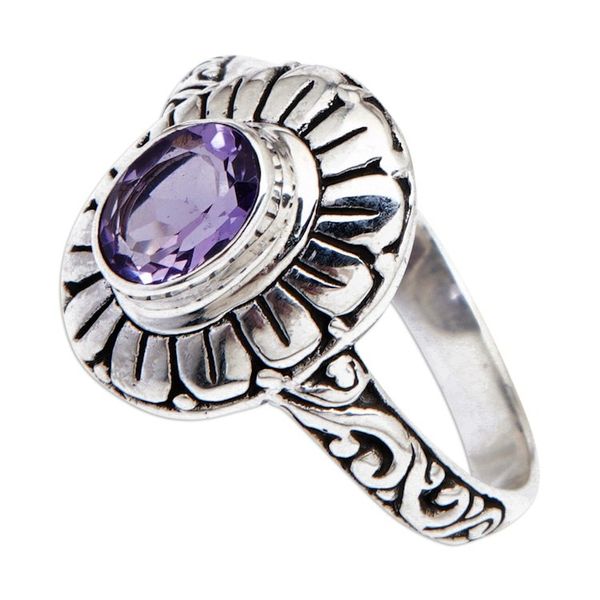 Alternate image for Amethyst Sterling Silver Floral Cocktail Ring from Bali Purple Flower